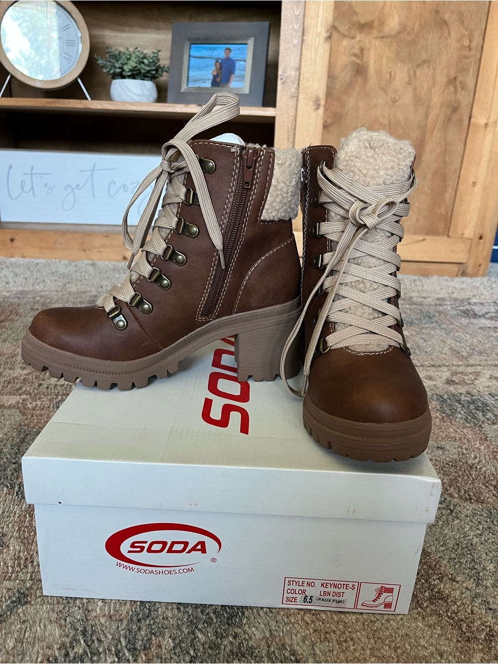 Soda Women's Brown Lace-Up Sherpa Ankle Boots